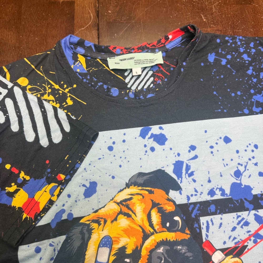 Off-White T-Shirt Mens L Black Paint Splatter Pug Graphic Virgil Abloh - Picture 2 of 9